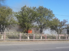 Сильный пожар вдоль продольной на юге Волгограда попал на видео