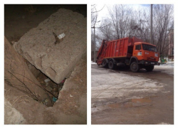 Мусоровоз провалился в яму и застрял у детского сада в Волгограде 