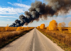 «Черный дым закрыл небо»: вспыхнувший прицеп устроил степной пожар на трассе под Волгоградом