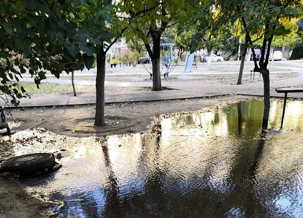 Коммунальный фонтан из канализации шесть часов топил двор в Волгограде