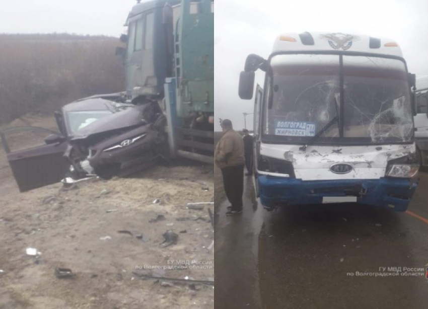 Грузовик протаранил пассажирский автобус и две легковушки на трассе в Дубовском районе: 6 человек пострадали