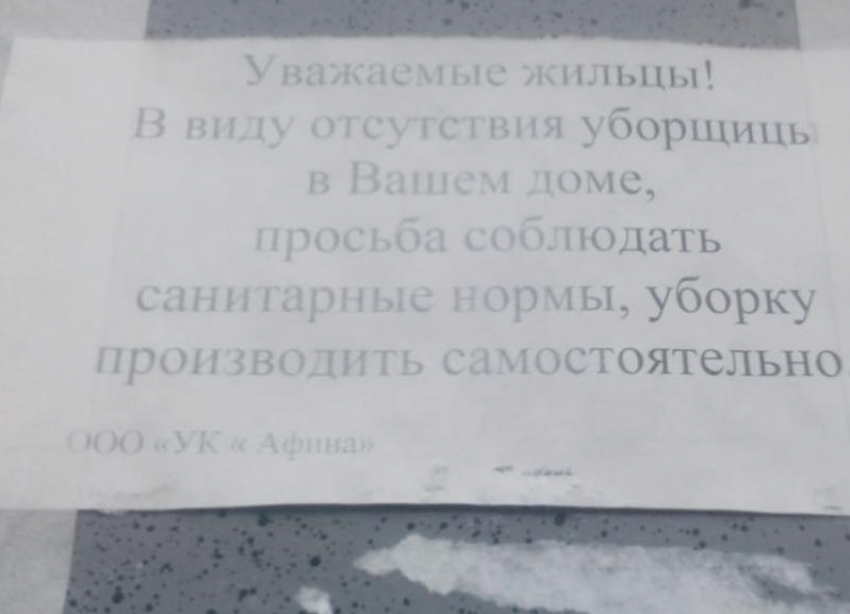 «Уборщицы нет»: убираться самим рекомендовала жильцам УК «Афина» в Волгограде
