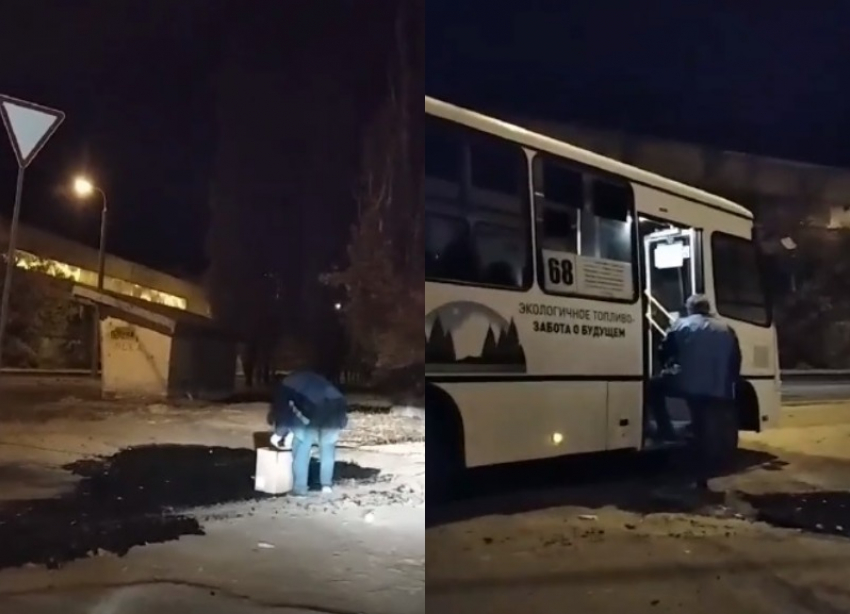 Волгоградцы сняли на видео водителя городского автобуса, крадущего с остановки свежий асфальт