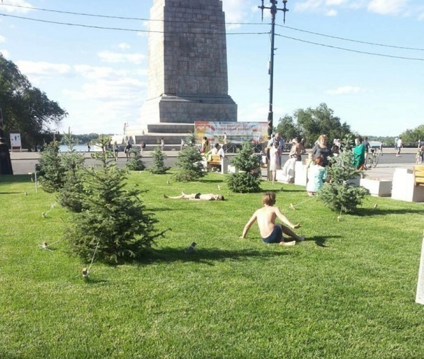 Волгоградцы уничтожают новый газон около открывшегося на юге города фонтана