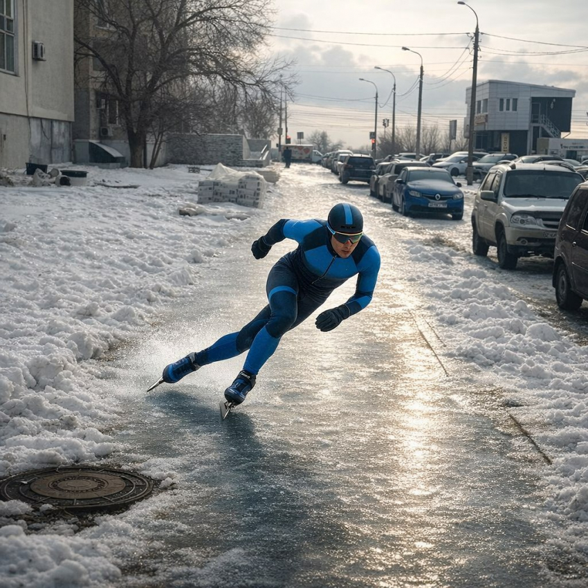Конькобежца заметили на обледенелом тротуаре в Волгограде 